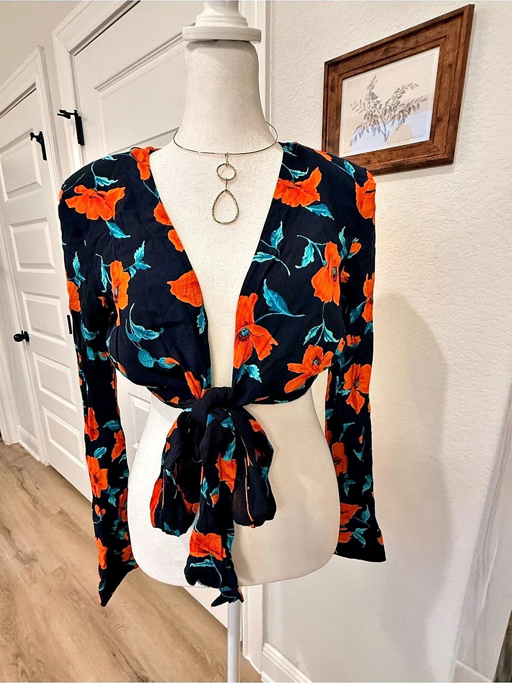 Zara Floral Wrap Blouse in Black & Orange Size Medium Like New